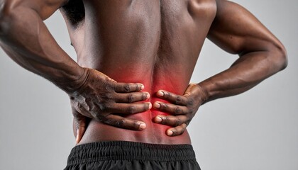 Naklejka premium A close-up view of a man’s lower back as he clutches it in pain.