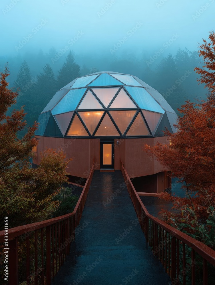Poster large dome-shaped building with a unique design. the dome is made up of multiple layers of glass pan