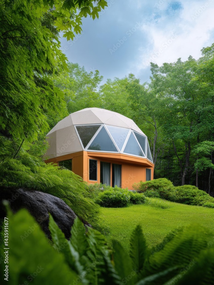 Poster modern dome-shaped house in the middle of a lush green forest. the house is orange in color and has 