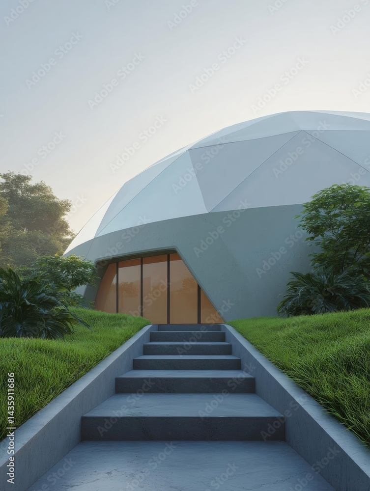 Poster modern building with a unique architectural design. the building has a large dome-shaped structure w