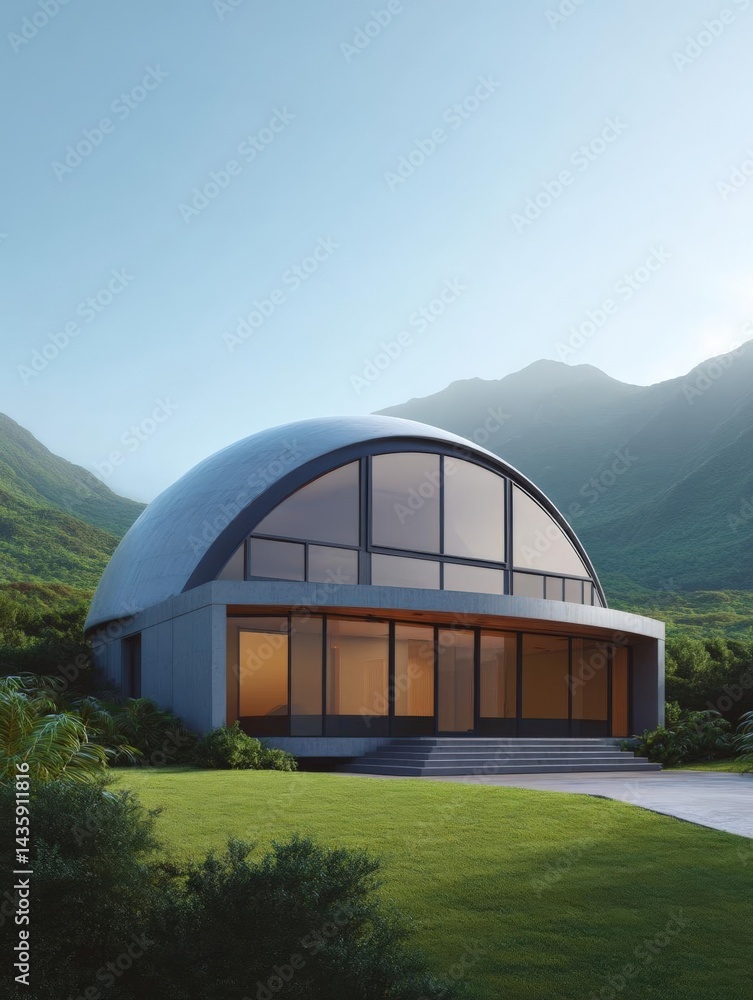 Poster modern building with a unique dome-shaped structure. the building is located on a grassy hillside wi