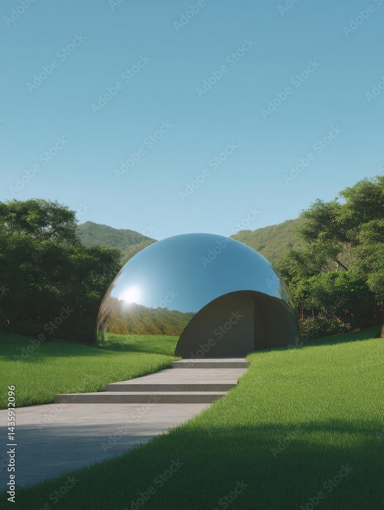 Poster large, spherical structure in the middle of a grassy field. the structure appears to be made of a sh