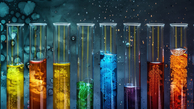 Colorful liquids in test tubes. Science experiment, chemistry lab, vibrant solutions.