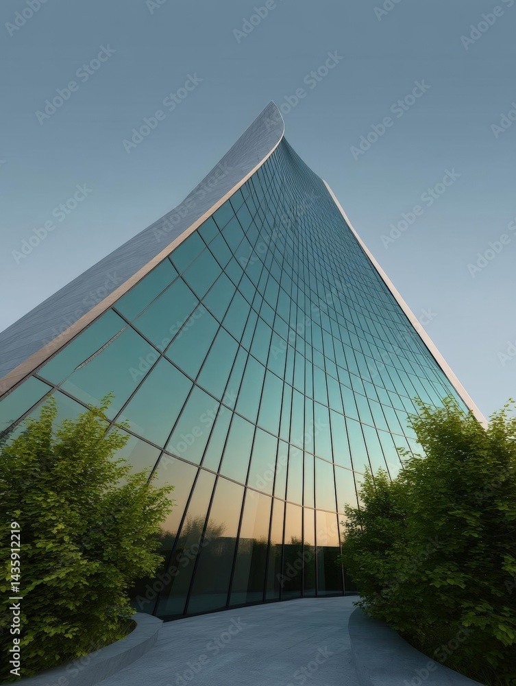 Aufkleber 3d rendering of a modern building with a curved glass facade. the building appears to be a high-rise