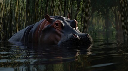 Fototapeta premium Hippopotamus in swampy jungle, sunlit water