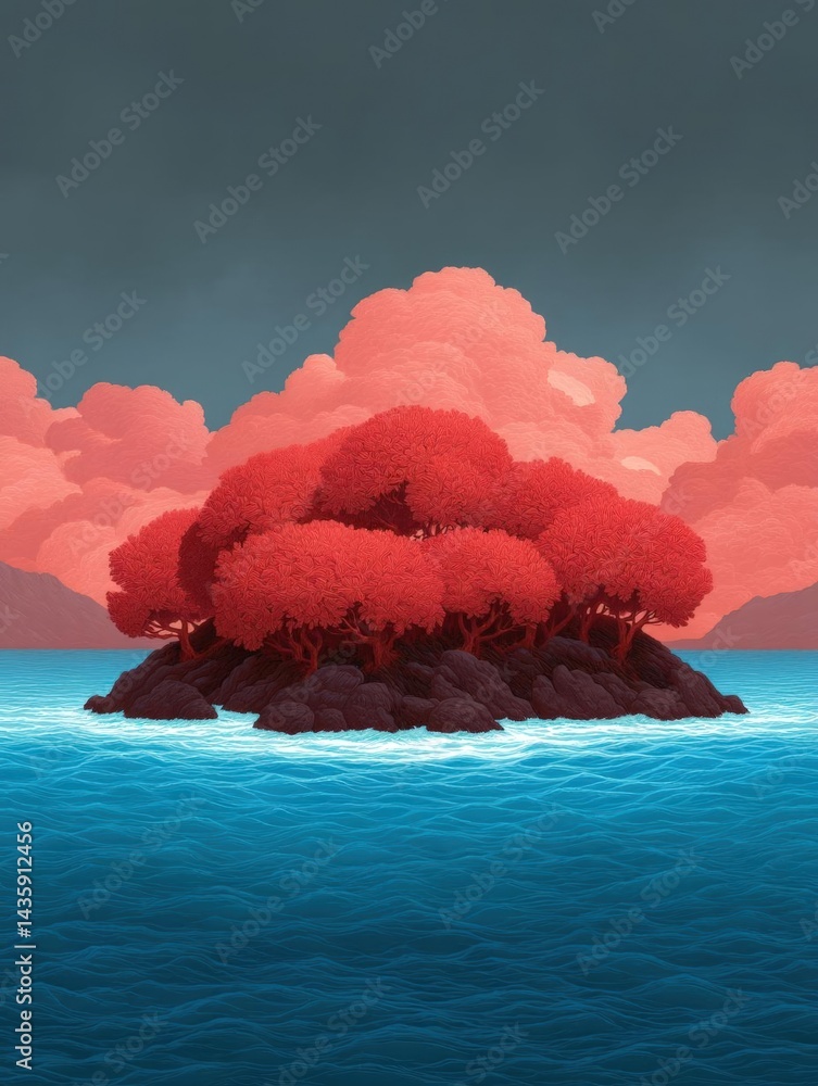 Aufkleber digital illustration of a small island in the middle of the ocean. the island is covered in a large 