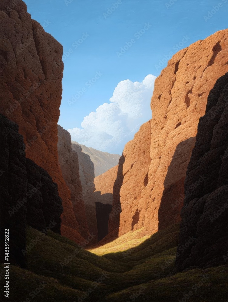 Poster narrow canyon with steep cliffs on either side. the cliffs are made of red rock and have a rough tex