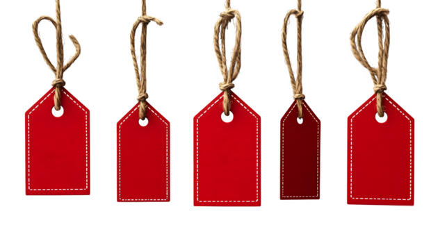 Set of four red hanging sale tags with strings isolated on white background