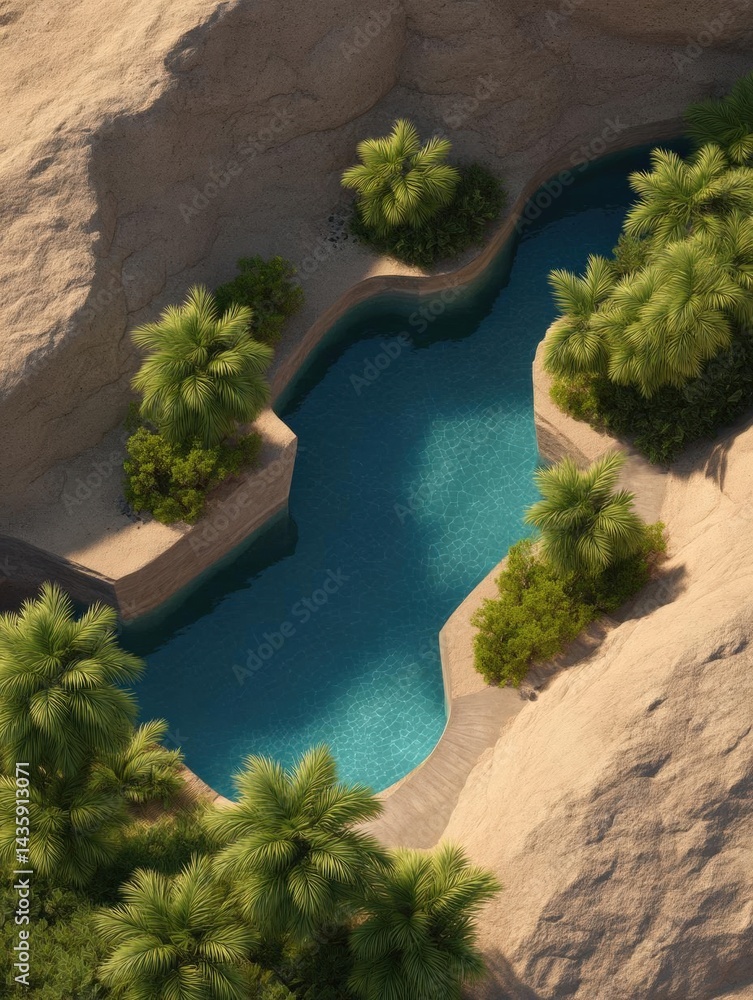 Poster aerial view of a beautiful swimming pool in a desert-like area. the pool is rectangular in shape and