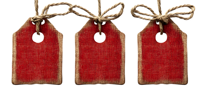 Set of four red hanging sale tags with strings isolated on white background