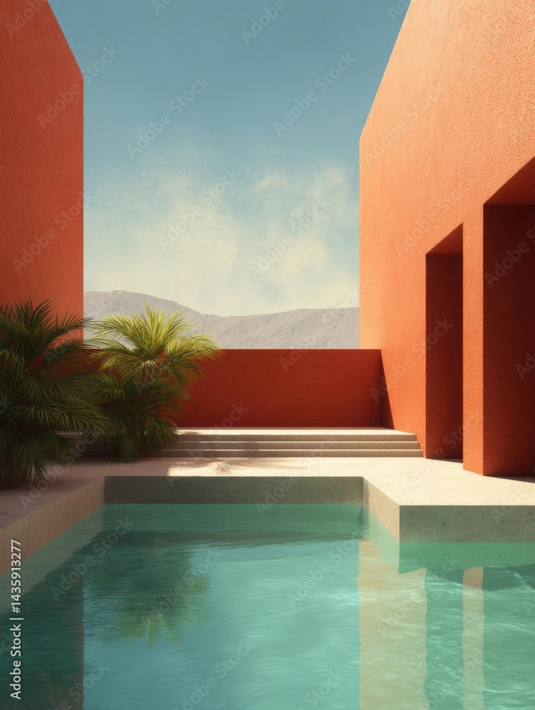 Poster modern swimming pool with a beautiful view of the mountains in the background. the pool is rectangul