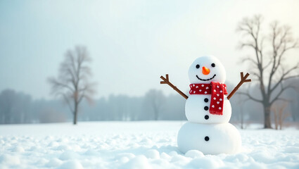 Snowman in Snowy Wonderland: A charming snowman with a carrot nose and a warm scarf stands proudly in a serene winter wonderland, embodying the simple joys of the season.