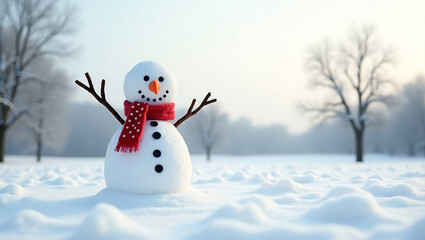 Obraz premium Winter Wonderland: A charming snowman stands serenely amidst a snowy expanse, embodying the spirit of winter with its carrot nose, twig arms, and a vibrant scarf, offering a heartwarming scene.
