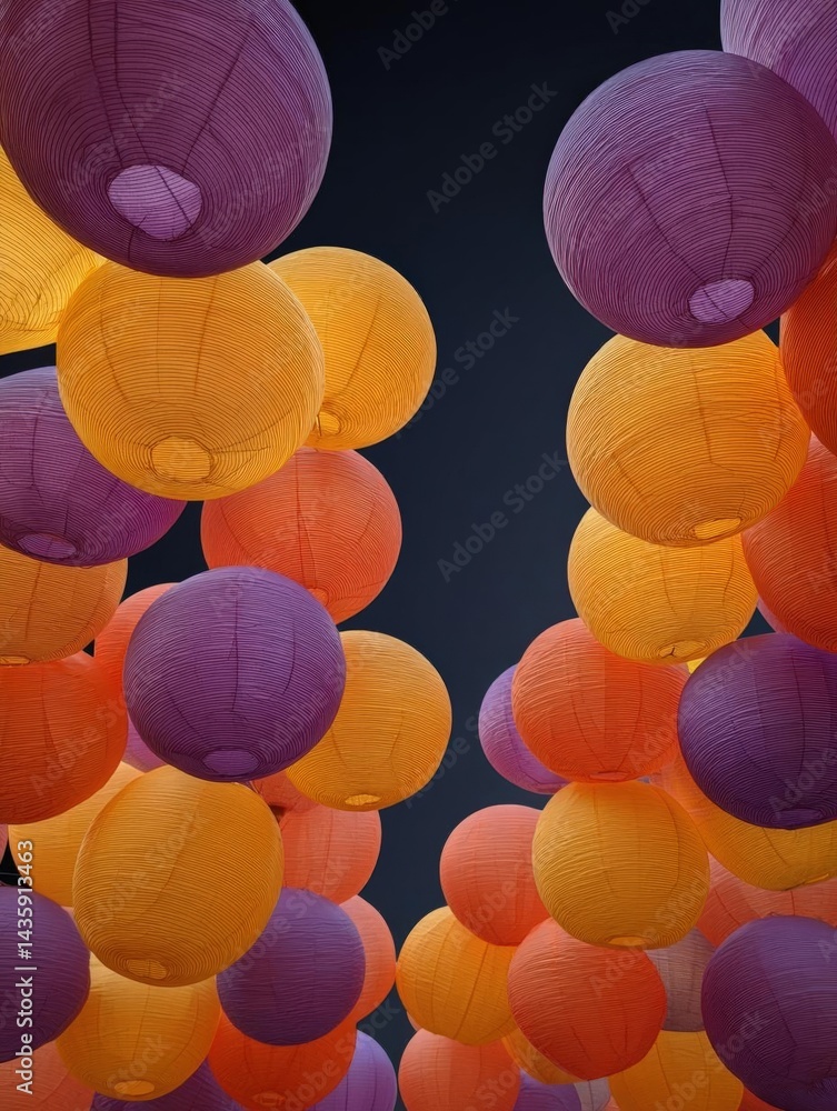 Poster group of colorful paper lanterns hanging from the ceiling. the lanterns are of different sizes and c