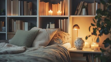 Scandinavian bedroom corner with bookshelf, candles, ceramic lamp on nightstand, soft ambient lighting 