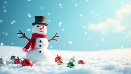 Fototapeta premium Snowman in Winter Wonderland: A cheerful snowman stands proud amidst a serene winter landscape, embraced by falling snowflakes and festive holiday ornaments, evoking the joy of winter.