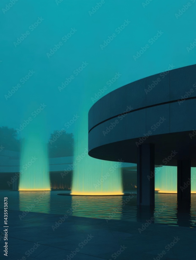 Poster photograph of a modern building with a circular structure on the right side. the building appears to