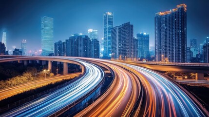 Fototapeta premium A high-speed expressway curving through a modern metropolis, with cars leaving light trails at night