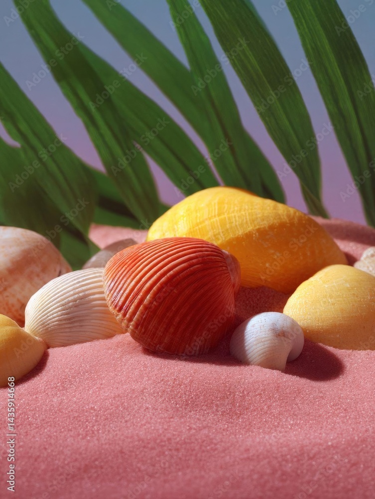 Poster close-up of a group of seashells on a pink sand surface. there are several different types of shells