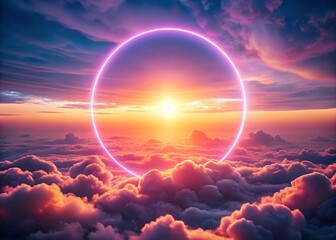 Neon Circle Floating Over Clouds generative ai