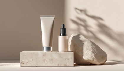 Skincare Products Displayed on Neutral Background With Natural Elements in Soft Light Generative AI