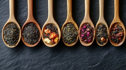 Assorted loose leaf teas in wooden spoons
