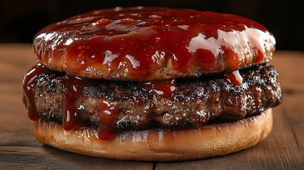 Juicy double patty burger topped with rich, glossy barbecue sauce