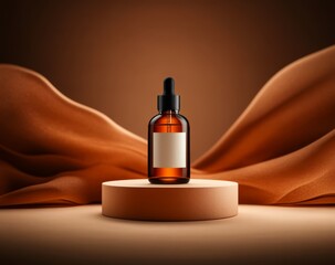 Naklejka premium Brown Glass Bottle with Dropper on Terracotta Pedestal and Draped Fabric