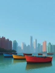 Digital illustration of a city skyline with a body of water in the foreground. the sky is a clear blue and the water is calm.