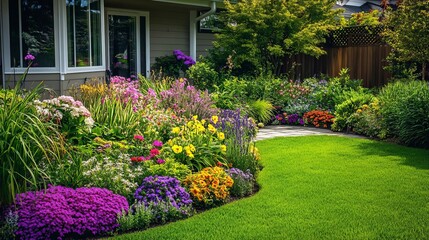 Naklejka premium Beautiful Vibrant Flower Garden Landscape Lush Green Grass Home Exterior Spring Summer Colorful Blooms Natural Beauty Residential Backyard Design 