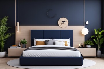 Modern Minimalist Bedroom Interior Design With Navy Blue And Wooden Accents