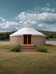 Round yurt in the middle of a grassy field with a lake in the background. the yurt is made of wood and has a unique design with a lattice pattern on the sides and a wooden door in the center.