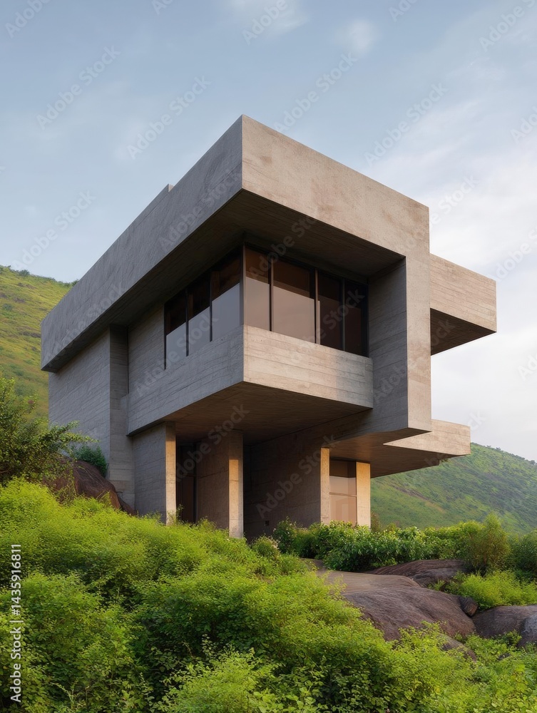 Poster modern, minimalist building on a hillside. the building is made of concrete and has a unique archite