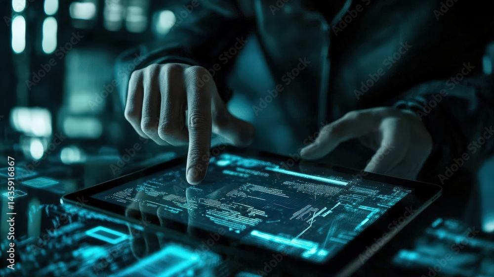 Poster cyber infiltrator disabling an encrypted tablet lock, accessing confidential files while surrounded 