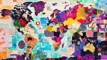 Abstract world map rendered using a collage of textiles from various cultures and patterns