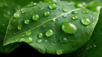 Captivating Macro View of Water Droplets on a Green Leaf With Perfect Symmetry Generative AI