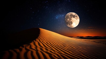 Desert dune landscape at night under a large moon and stars.  Possible use Nature wallpaper