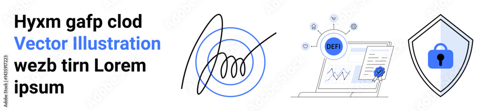 Poster laptop screen with data charts, secure shield icon with lock, and dynamic digital signature. ideal f