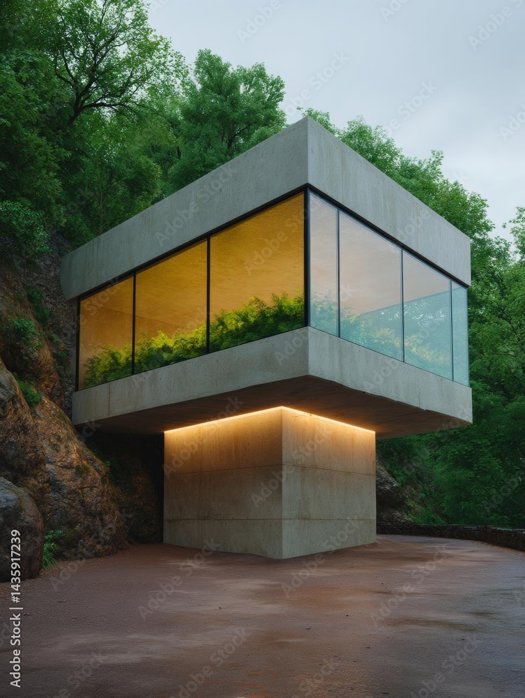 Poster modern concrete building with a unique architectural design. the building is located on a cliff over