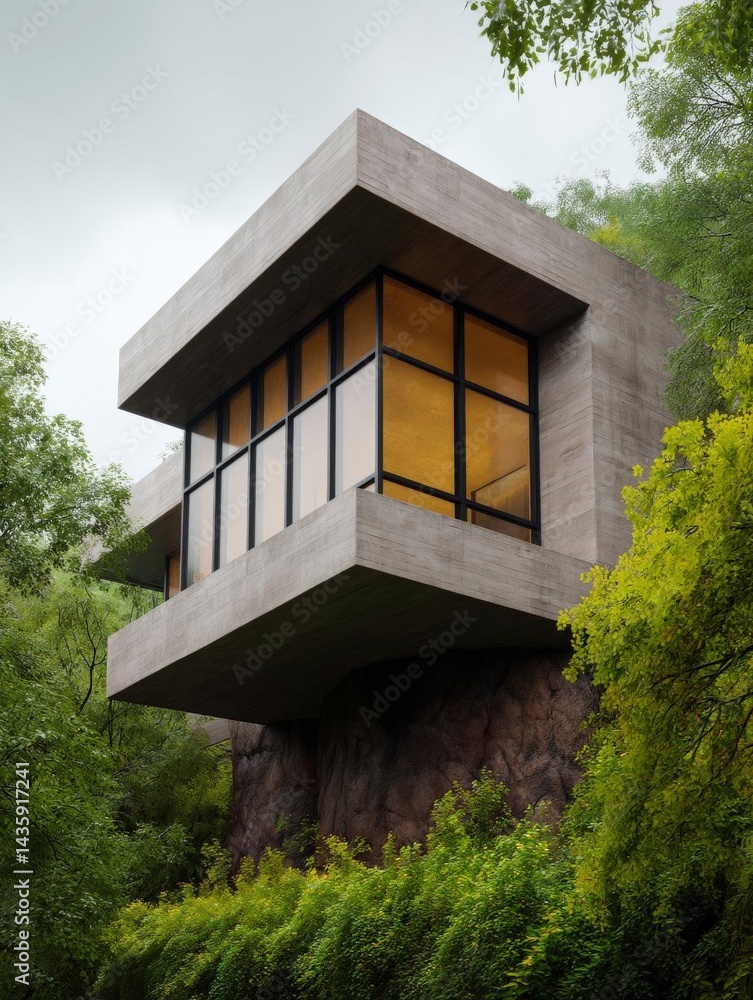 Poster modern, minimalist building with a unique architectural design. the building is made of concrete and