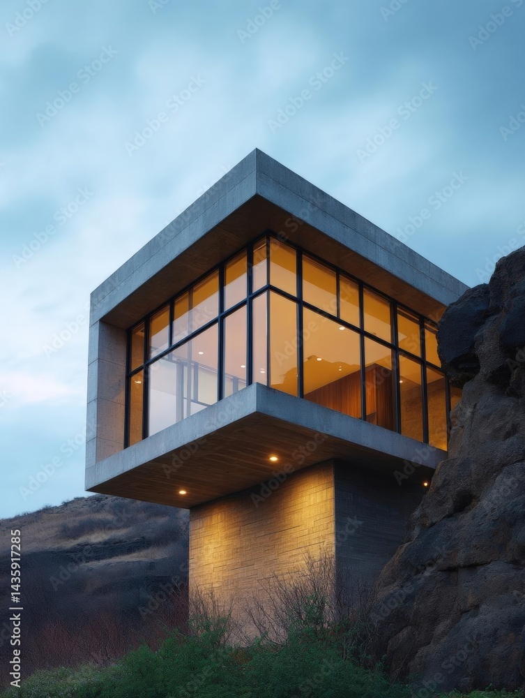 Poster modern, minimalist building with a unique architectural design. the building is made of concrete and