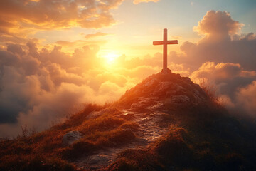 Wooden Cross On Mountain