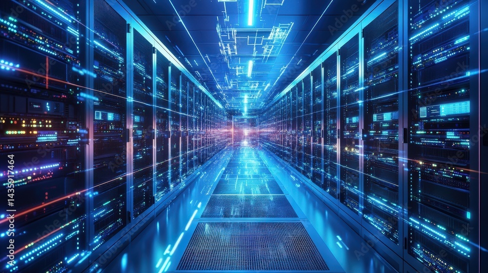 Poster data center filled with endless rows of servers, glowing led lights, and high-speed data connections