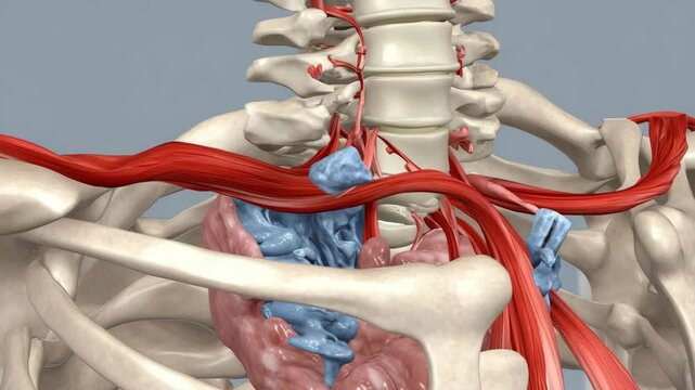 Anatomical illustration of human back skeletal structure, highlighting lumbar vertebrae, muscles, blood vessels and internal organs with blue accents.