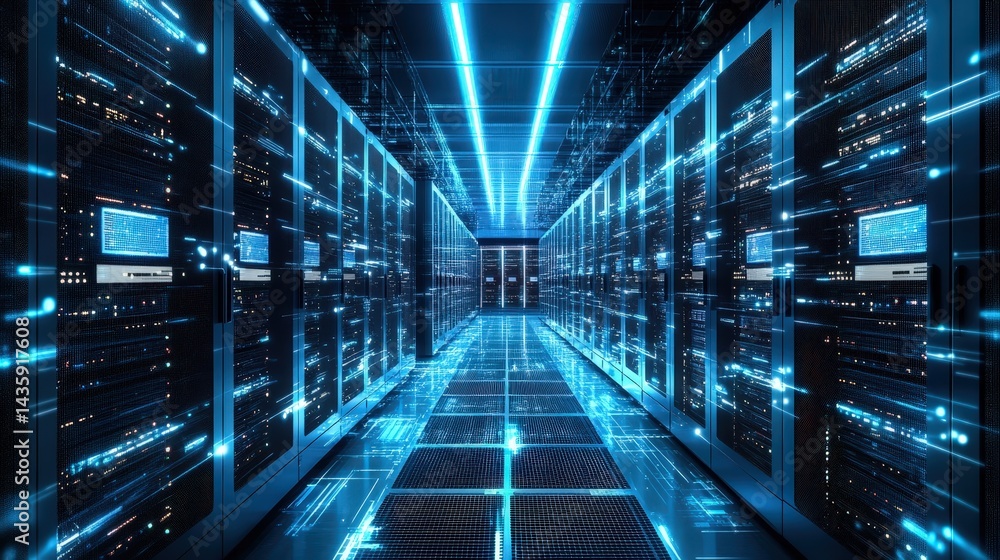 Aufkleber data center filled with endless rows of servers, glowing led lights, and high-speed data connections