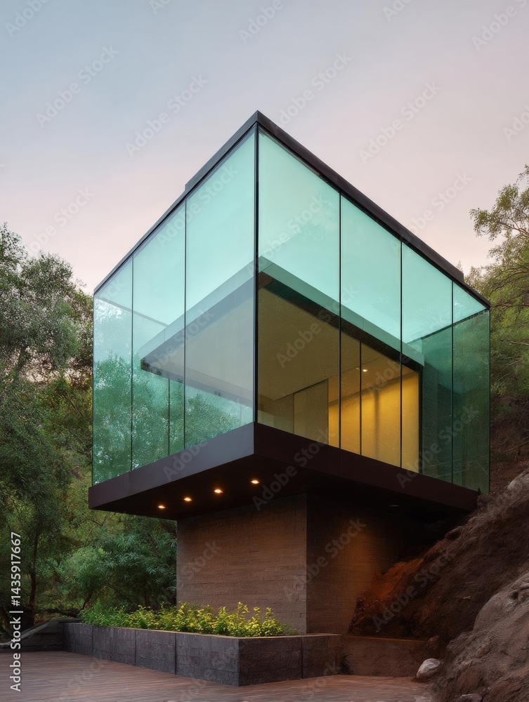 Poster modern house with a unique architectural design. the house is located on a hillside with trees and b