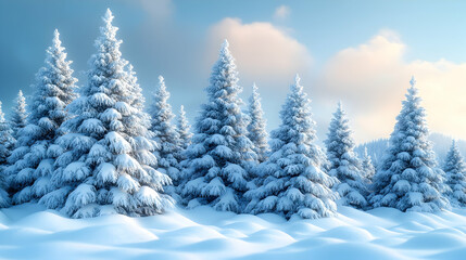 Obraz premium Snow-covered evergreens stand in a winter wonderland under a partly cloudy sky Deep snow drifts between the trees