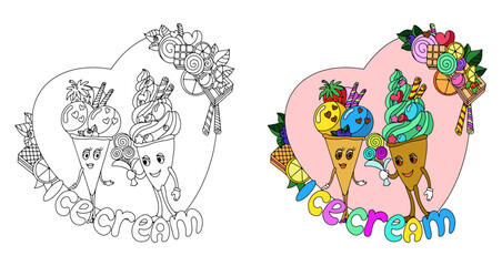 Line drawing of ice cream and sweet dessert. Cute and adorable cartoon illustration of ice cream as a coloring book or page. Fun activity for the whole family. Vector
