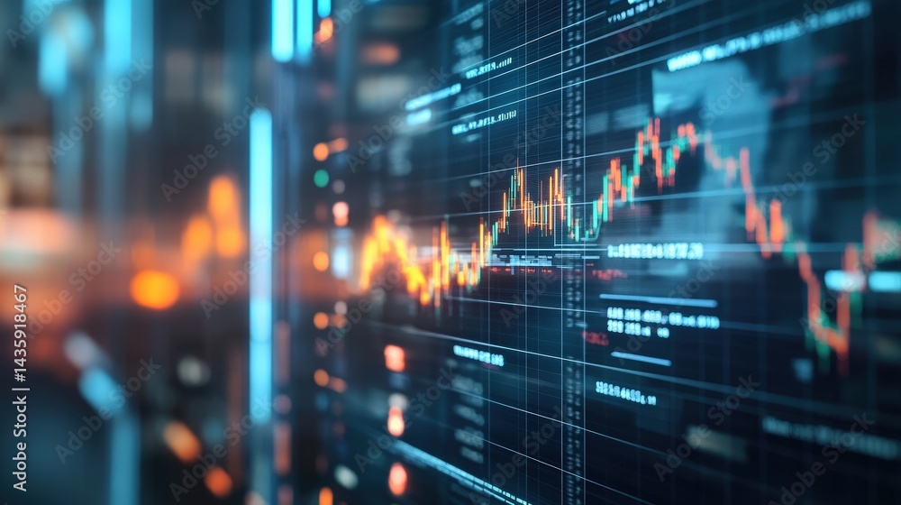 Poster financial market interface showcasing real-time data flow and analytics-driven trading.