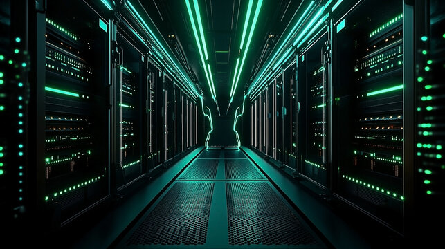 Futuristic server room illuminated with vibrant green neon lighting effect - Powered by Adobe